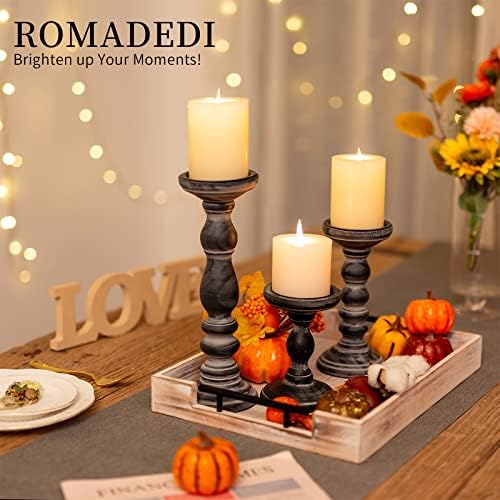 Romadedi Black and Gray Distressed Wood Pillar Candle Holders, Set of 3 - Image 3