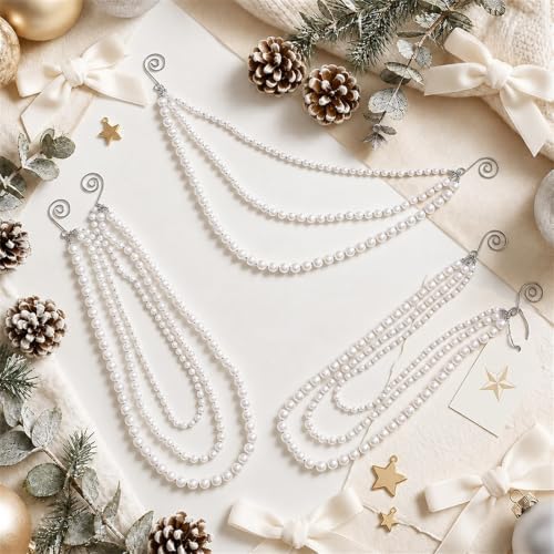 12 Pcs Christmas Tree Bead Garland, 3 Tier Hanging, White, Pearl - Image 3