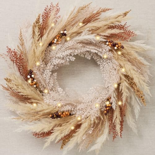 DecorbyHannah 24'' Neutral Fall Pampas Wreath with Lights for Front Door by DecorbyHannah