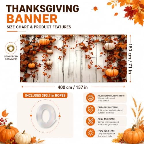 Thanksgiving Garage Door Banner 157.5x70.9in Autumn Pumpkin Vine Backdrop 2D Printed Farmhouse Fall Outdoor Garage Cover with Rope 10 Grommets for Home Yard Decor - Image 4