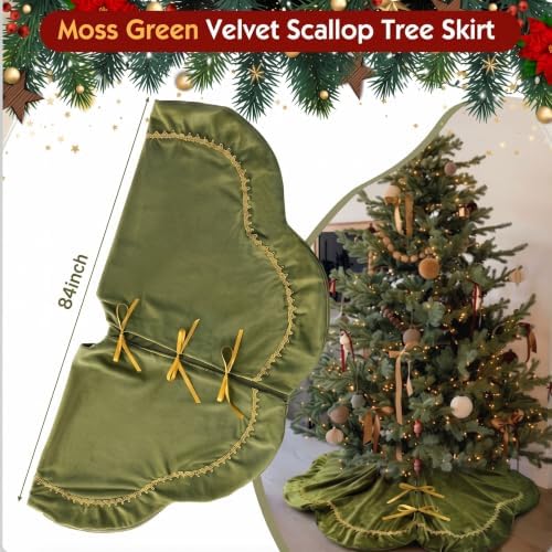 Arrowbash Olive Green 84 Inch Christmas Tree Skirt Velvet Scallop Ddge - Image 4