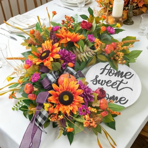 24 Inch Fall Wreaths for Front Door,Outdoor Autumn Wreath with Sunflowers - Image 4