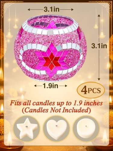 Diwali Decorations for Home, 3.1" Opening Mosaic Glass Candle Holder, 4Pcs - Image 2