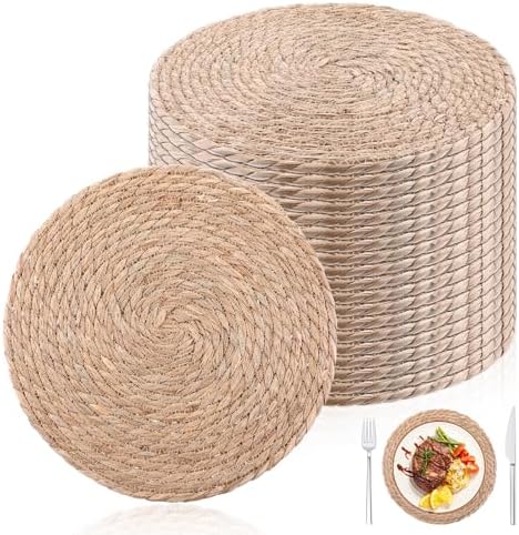 Round Woven Placemats Set of 20, 12" Brown Round Rattan Placemats Natural Water Hyacinth Place mats Farmhouse Boho Braided Placemat for Dining Table, Home, Wedding, Heat Resistant/Anti-Slip by Unknown