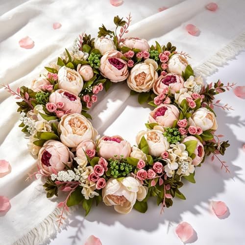 Front Door Wreath, 22 Inch Summer Fall Wreath Handmade Peony Rose Door - Image 2