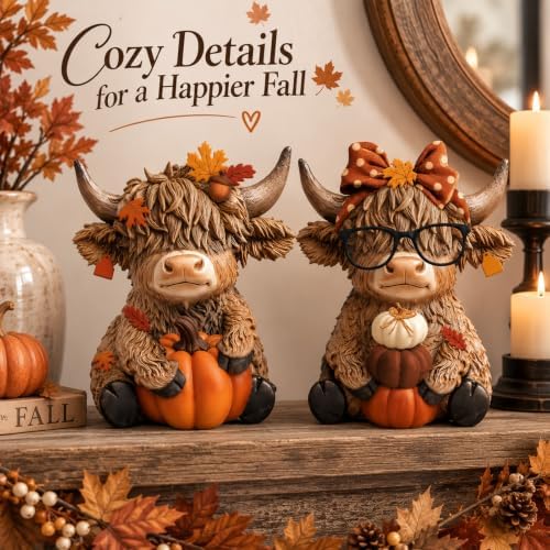 Karenhi 2 Pcs Fall Highland Cow Figurines Resin, Autumn Tabletop Decor - Image 6