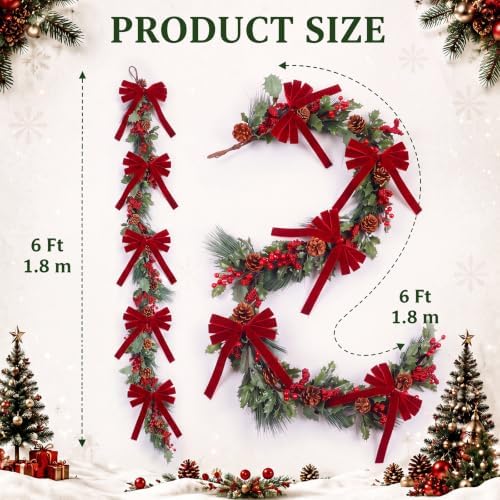 Riceshoot 6ft Red Berry Bow Christmas Garland for Mantel Fireplace - Image 2