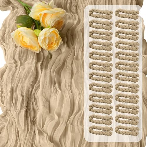 16Packs Champagne Cheesecloth Table Runner – Boho Gauze Vintage Table Decor, 120 Inch Long Rustic Cloth Runner for Wedding, Bridal Shower, Birthday, Romantic Party 10Ft (Champagne, 24" x 120"-16Packs) by Sintario