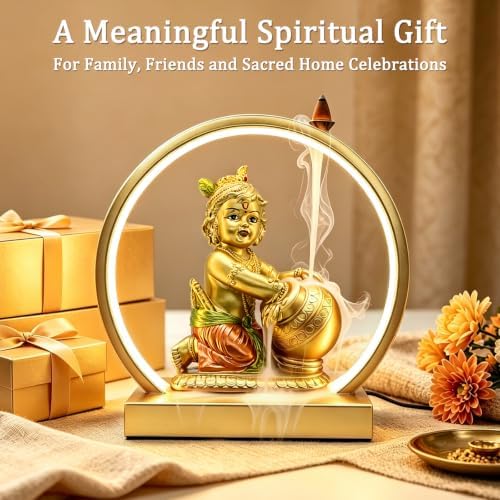 Lord Baby Krishna Murti W/ USB LED Diwali Light & Backflow Incense Burner - Image 2