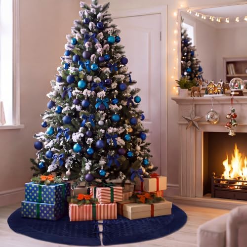Arrowbash 48 Inch Velvet Christmas Tree Skirt Quilted Tree Skirt, Navy Blue - Image 4