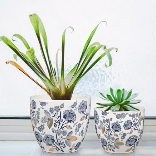 Decorative Flower Pots Blue and White Plant Pot Gold Accent Ceramic Planters for Indoor Plants Pots with Drainage Retro Planter Pot for Succulents Cactus Herb Snake Plants Outdoor Garden, 7.6/5.5 Inch - Image 3