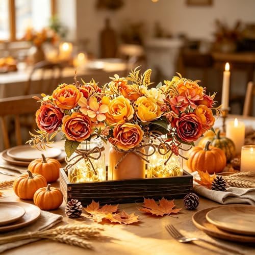 LUEUR Fall Mason Jar Centerpiece Set of 3 with Rustic Wood Tray-Orange Rose - Image 3