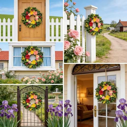 Spring Summer Eucalyptus Wreaths for Front Door Outside 24Inch Door Yellow Daisy Wreath with Sunflower Peony Dahlia Green Leaves for All Season Indoor Outdoor Home Farmhouse Porch Wall Window Decor - Image 2