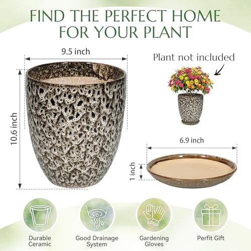 9.5 Inch Flower Pots for Indoor Plants,Ceramic Planter with Saucer Drainage Leak-Proof Mesh Gardening Gloves (Spotted White) - Image 6
