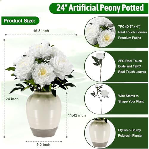 Fake Peony Plant 2FT Tall, Realistic Touch Leaves, Potted Peony Artificial Plants Indoor for Home Decor Small Office Home Living Room-White - Image 2