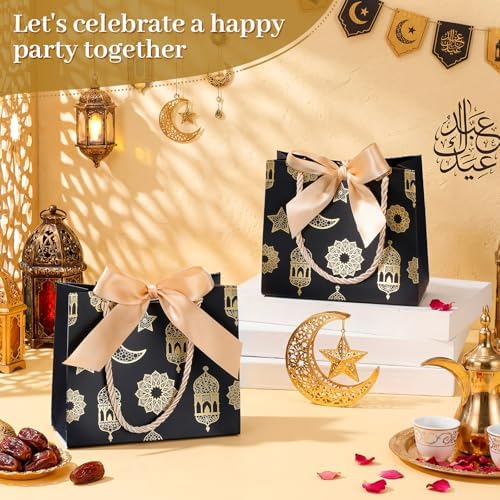 Marspark 30 Pcs Ramadan Mubarak Reusable Gift Bags with Bow, Black Gold Foil Stamping, Eid Lantern Treat Bags with Handles, Reusable Eid for Gifts Wrapping, Kareem Party Supplies, 14 * 6 * 12cm - Image 4
