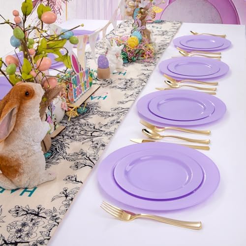 FLOWERCAT 60PCS Purple Plates - Heavy Duty Purple Plastic Plates Disposable for Easter Party/Wedding - Include 30PCS 10.25" Dinner Plates and 30PCS 7.5" Dessert Plates - Image 6