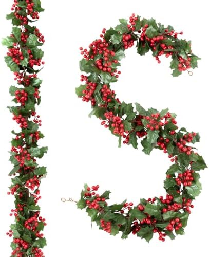 Findosom Total 11.2FT Christmas Garland for Mantle, 2PCS Flexible Red Berry Garland with Leaves, Artificial Garlands for Decoration Christmas Fireplace Indoor Outdoor Home Stairs Holiday Decor by Findosom
