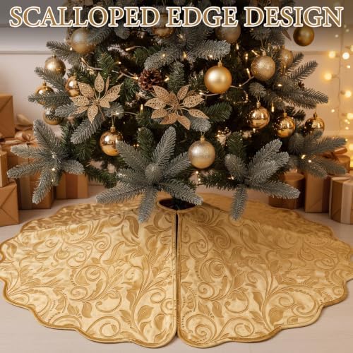Velvet Christmas Tree Skirt Decor, 36 Inches, Scalloped Edge, Gold - Image 4
