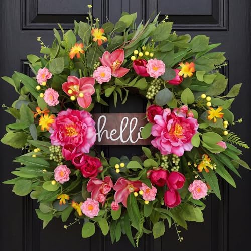 AMOIRSE 24" Wreaths for Front Door with Hello Sign,Artificial Eucalyptus Wreath with Pink Penoy,Magnolia,Tulip,Berries,Greenery Summer Wreath for Front Door,Farmhouse,Porch,Wall,Window Outdoor Decor by AmoriseArtificialFLowers