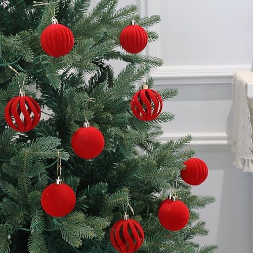 3.15In Red Velvet Christmas Ornaments Set,12Pcs Flocked Ornaments Balls - Image 5