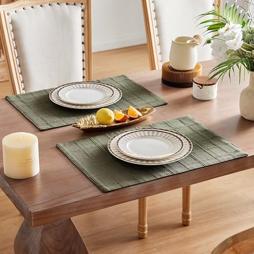ZeeMart Linen Checked Farmhouse Placemats Set of 6, Olive 13x19in - Image 4