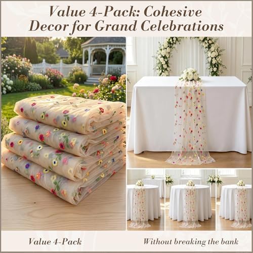 Champagne Floral Table Runner ,4Pack 10ft Embroidered Flower Tulle for Wedding Reception, Boho Wildflower Daisy Table Decor for Spring Party - Image 2