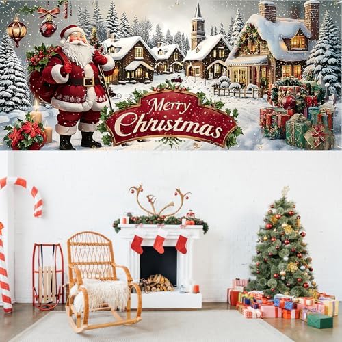Santa's Christmas Town Banner 16x7 Ft - Jolly Santa with Village Scene and Merry Christmas for Double Car Garage Display - Image 7
