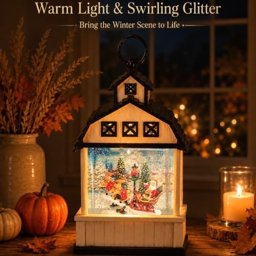Christmas Snow Globe Lantern, 11 Inch Barn with Santa & Reindeer Harvest - Image 5