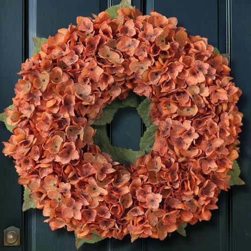 21" Artificial Fall Hydrangea Flower Wreath for Front Door Decor(Orange) by FOTEEWL