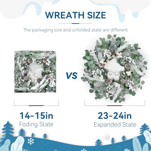 Winter Wreath for Front Door, 24 Inch Christmas Wreath with Owl Decor, Pine Cones, and Evergreen Greenery, Festive Winter Door Decor, Artificial Holiday Farmhouse Rustic Wreath - Image 5