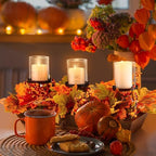 Fall Table Centerpiece Fall Thanksgiving Candle Holder with 3 Candle Holders and 3 Glass Cups, Artificial Maple Leaf Harvest Table Centerpiece with Pumpkins Berries - Image 3