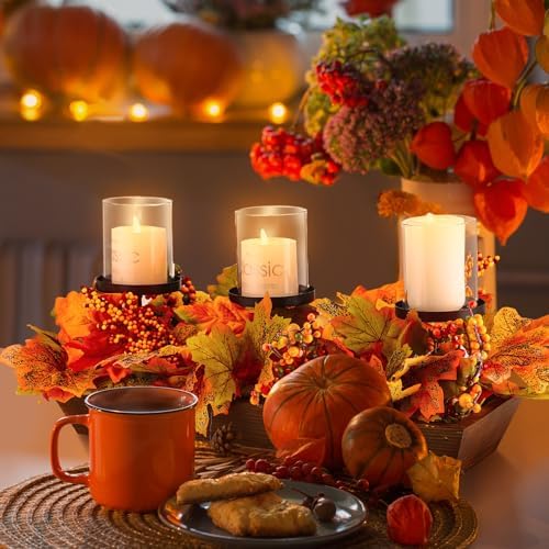 Fall Table Centerpiece Fall Thanksgiving Candle Holder with 3 Candle Holders and 3 Glass Cups, Artificial Maple Leaf Harvest Table Centerpiece with Pumpkins Berries - Image 3
