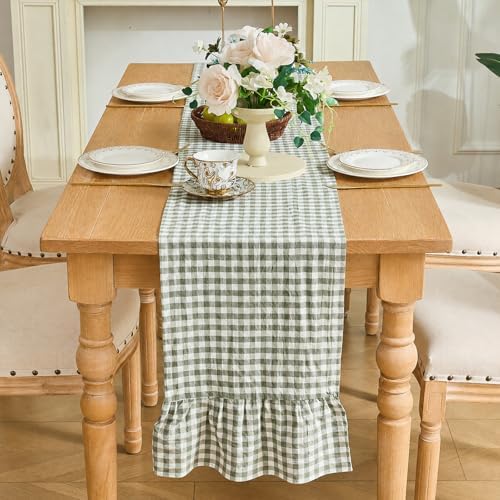 Sage Green Gingham Plaid Ruffle Table Runner 108 Inches Long, 100% Washed Cotton Double Layer Farmhouse Dining Decor for Holiday, Home Party Wedding, 13 x 108 inches - Image 6