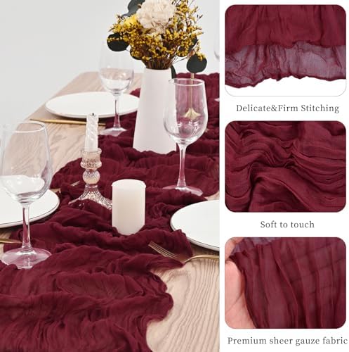 20 Pack Burgundy Table Runner 10Ft Burgundy Cheesecloth Table Runner Boho Gauze Table Runners Long Romantic Sheer Fabric Cheese Cloth Table Runners for Wedding Party Bridal Shower - Image 3