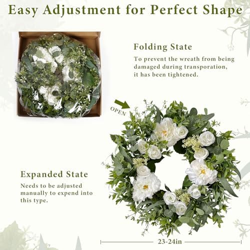 Betylifoy Summer Wreaths for Front Door 24" White Dahlia Rose Floral Wreath - Image 5