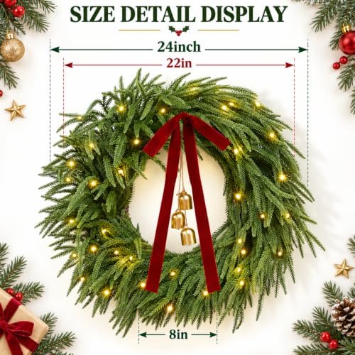 2 Pcs Real Touch Norfolk Pine Christmas Wreath with Lights & Burgundy Bow - Image 4