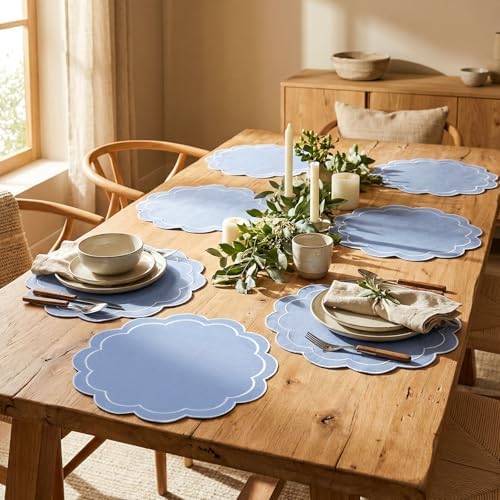 Whaline Dusty Blue Linen Placemats Embroidered Round Scalloped Kitchen Table Mats for Spring Easter Party Home Dining Table Decor, Set of 6, 15 x 15 in - Image 6