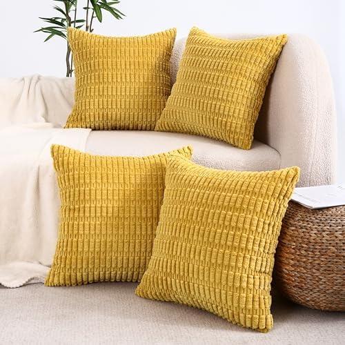 All Smiles Decorative Mustard Yellow Throw Pillow Covers 16x16 Set of 4 Farmhouse Rustic Boho Home Decor Soft Plush Striped Corduroy Square Cushion Case for Living Room Couch Bed Sofa by AllSmiles