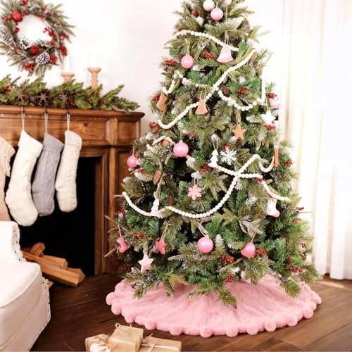 ORTIGIA Pink Faux Fur Soft Christmas Tree Skirt 36 Inch with POM POM - Image 3