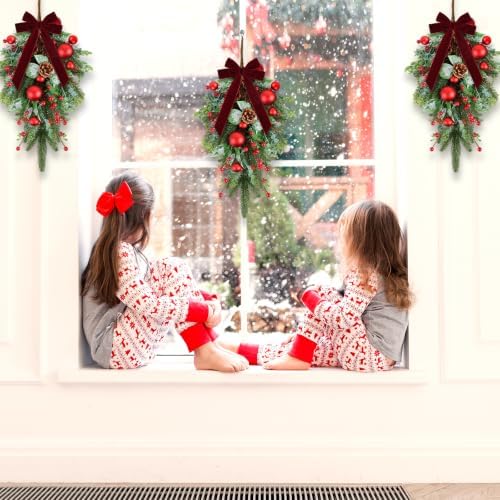 24" Christmas Wreaths for Front Door 2 PCS Christmas Teardrop Swag Winter Wreath with Red Ball Red Berry Pine Needles for Indoor Outdoor Farmhouse Home Wall Window Festival Wedding Decor - Image 7