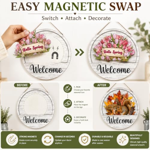 16 Pcs Interchangeable Welcome Sign for Front Door, 12 Inch Seasonal Wooden Door Hanger With 16 Magnetic Icons, Wooden Welcome Signs for Front Door for Holidays and Year Round Home Decor (12set) - Image 3
