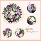 22" Artificial Flower Wreath Spring/Summer Floral Wreaths for Front Door with Roses Orchid Gardenia Dahlia Full and Elegant Decor for Inside Outside Wall Window Festival Party Wedding （White Purple） - Image 2