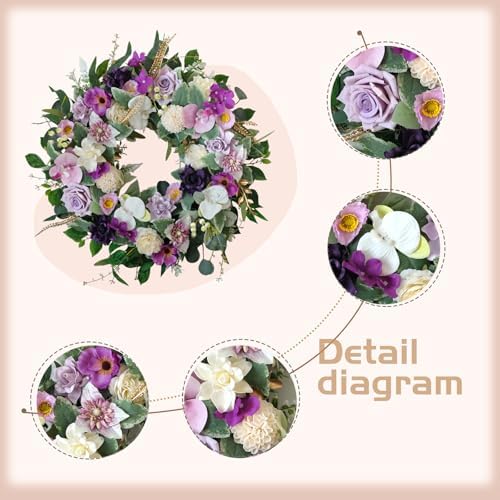 22" Artificial Flower Wreath Spring/Summer Floral Wreaths for Front Door with Roses Orchid Gardenia Dahlia Full and Elegant Decor for Inside Outside Wall Window Festival Party Wedding （White Purple） - Image 2