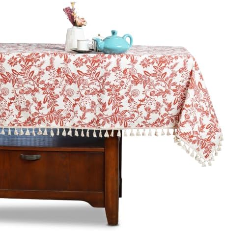 Cotton Vintage Floral Tablecloth Tassel Trim Red 60x90 - Image 3