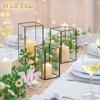 Nuptio Glass Candle Holders Hurricane Holder for Pillar Candles 18 Pcs Black Metal Candle Holders Large Rectangular Candleholder Vase Centerpieces Decoration for Wedding Party 9.5 & 8.1 & 6.5 inch - Image 4