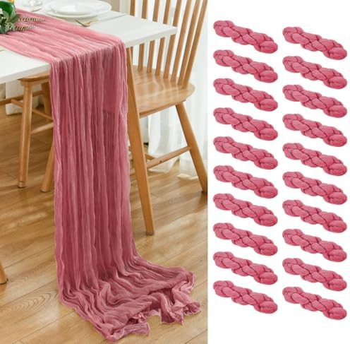 20 Pack Dusty Rose Cheesecloth Table Runner 17x108 Inch Boho Wrinkled Sheer Gauze Cheese Cloth Table Runner Bulk Romantic Decor for Wedding, Bridal Shower, Birthday Party by Dspoot