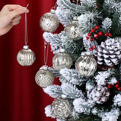 Jenaai 12 Pcs Christmas Silver Glass Ball Ornaments Vintage Tree Decoration - Image 4