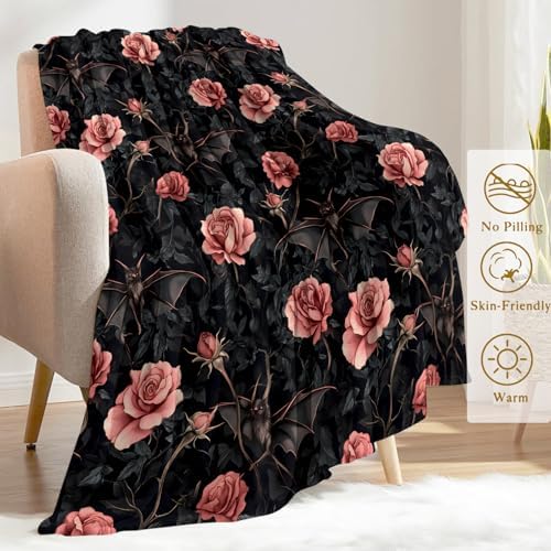 Gothic Bat and Rose Fleece Blanket - Lightweight Soft Cozy Gifts Throw for Goth Lovers, Kids,Women,Dark Romantic Black Blankets,Home Room Modern Halloween Decor 50x60in - Image 2