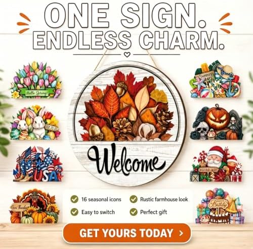 16 PCS Interchangeable Welcome Sign for Front Door, With 16 Interchangeable Seasonal Icons, Wooden Welcome Signs for Front Door for Holidays and Year Round Home Decor - Image 2